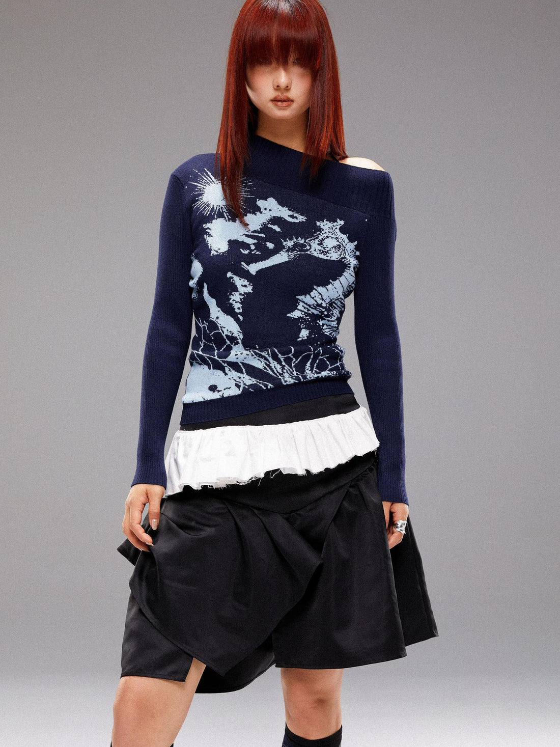 YOSHUYUKI  Island Sea Horse Jacquard Knit Top Blue Black