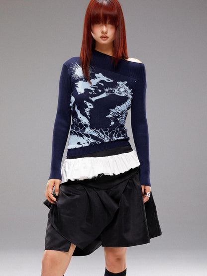 YOSHUYUKI  Island Sea Horse Jacquard Knit Top Blue Black
