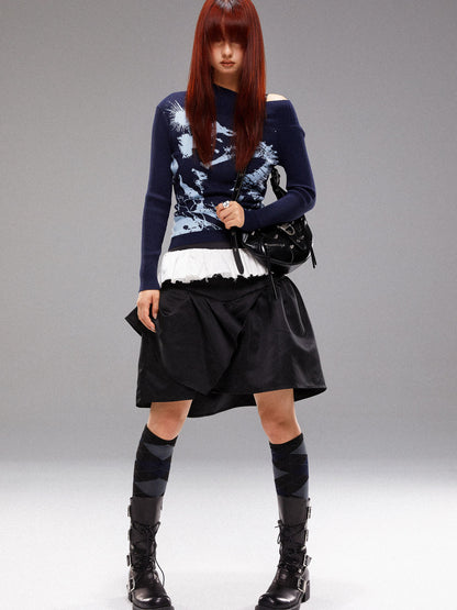 YOSHUYUKI  Island Sea Horse Jacquard Knit Top Blue Black