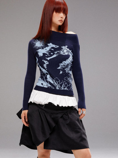 YOSHUYUKI  Island Sea Horse Jacquard Knit Top Blue Black