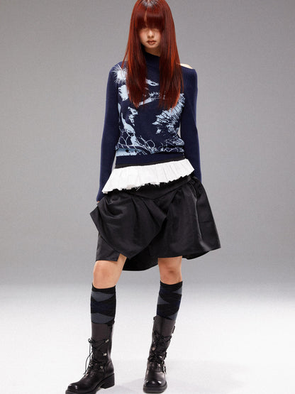 YOSHUYUKI  Island Sea Horse Jacquard Knit Top Blue Black