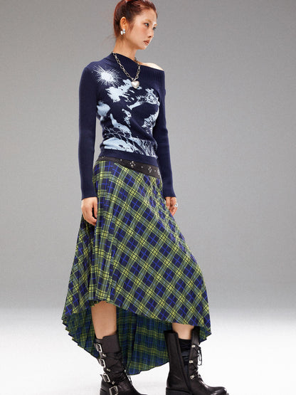 YOSHUYUKI  Island Sea Horse Jacquard Knit Top Blue Black