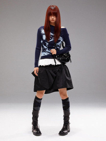 YOSHUYUKI  Island Sea Horse Jacquard Knit Top Blue Black