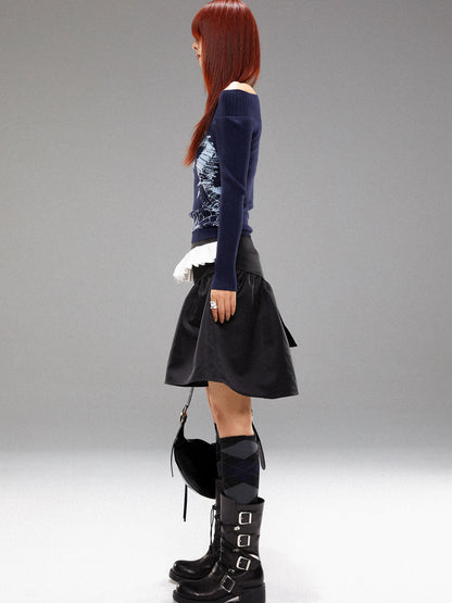 YOSHUYUKI  Island Sea Horse Jacquard Knit Top Blue Black