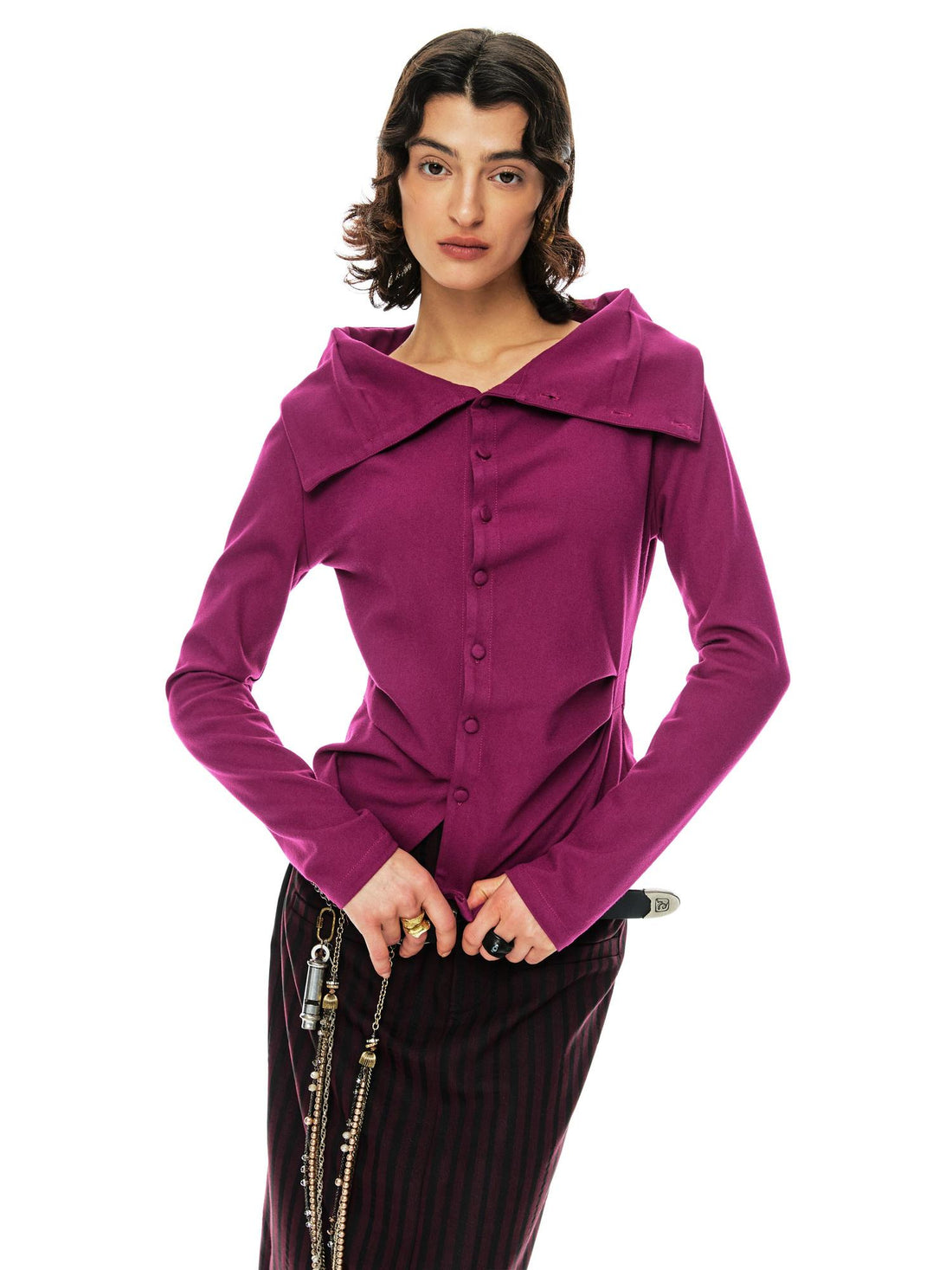 YOSHUYUKI  Slim Merino Top Raspberry Tie Front Versatile Knitwear