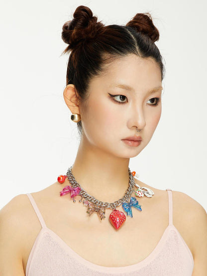YOSHUYUKI  Strawberry Bow Metal Necklace