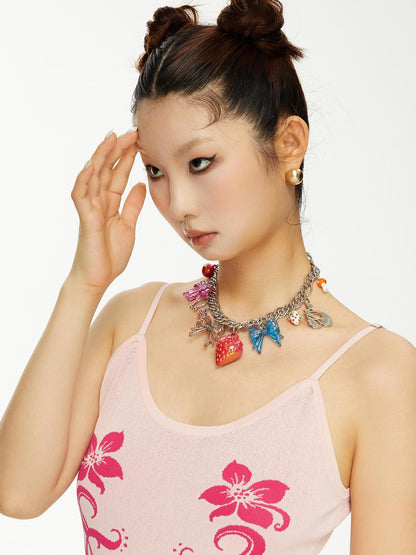 YOSHUYUKI  Strawberry Bow Metal Necklace