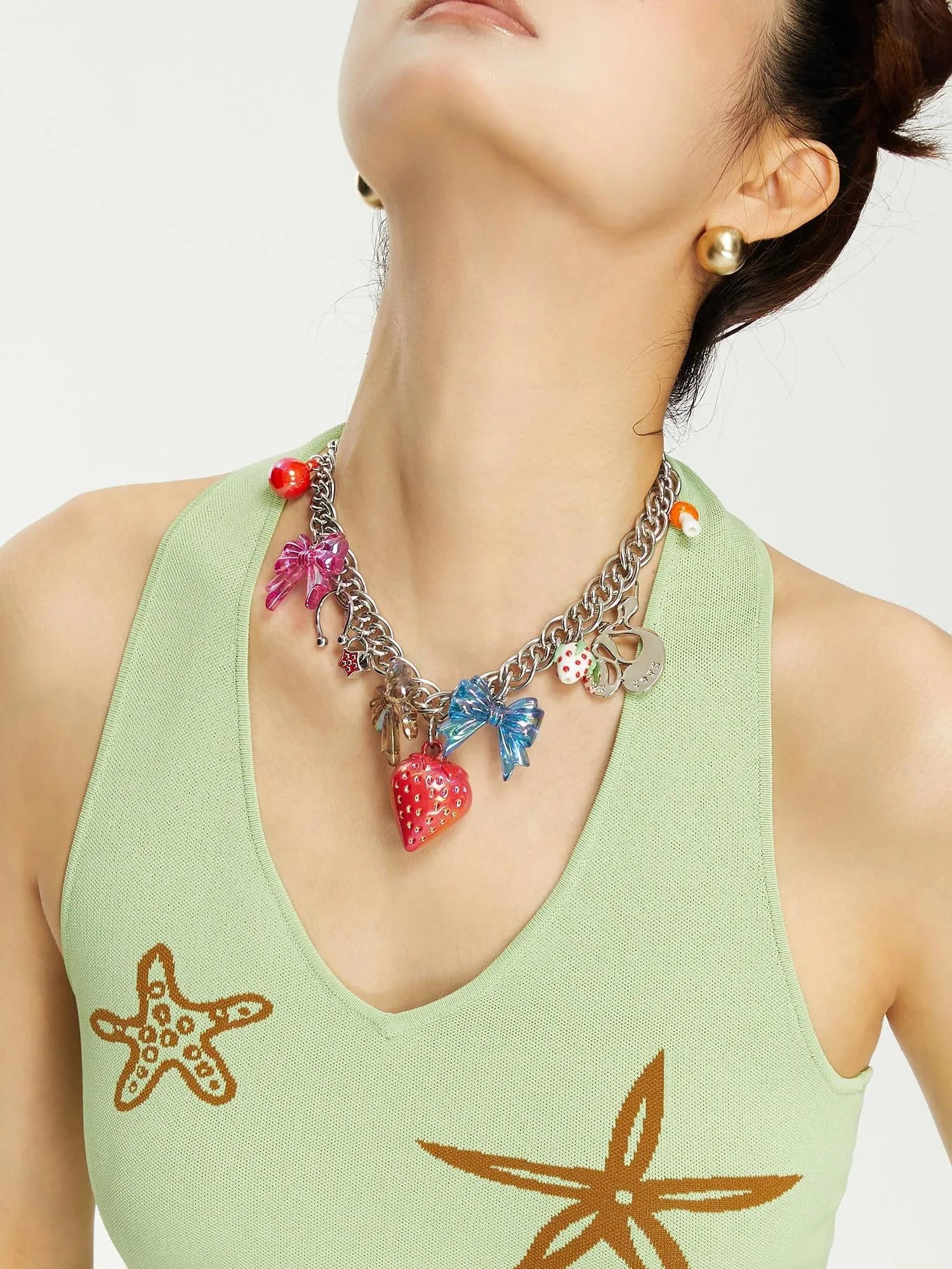 Strawberry Bow Metal Necklace