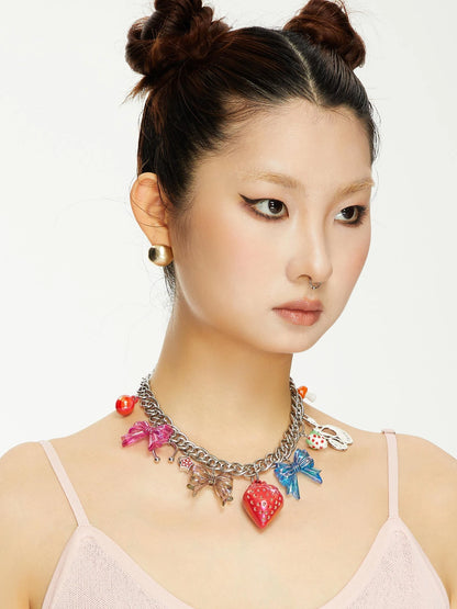 Strawberry Bow Metal Necklace