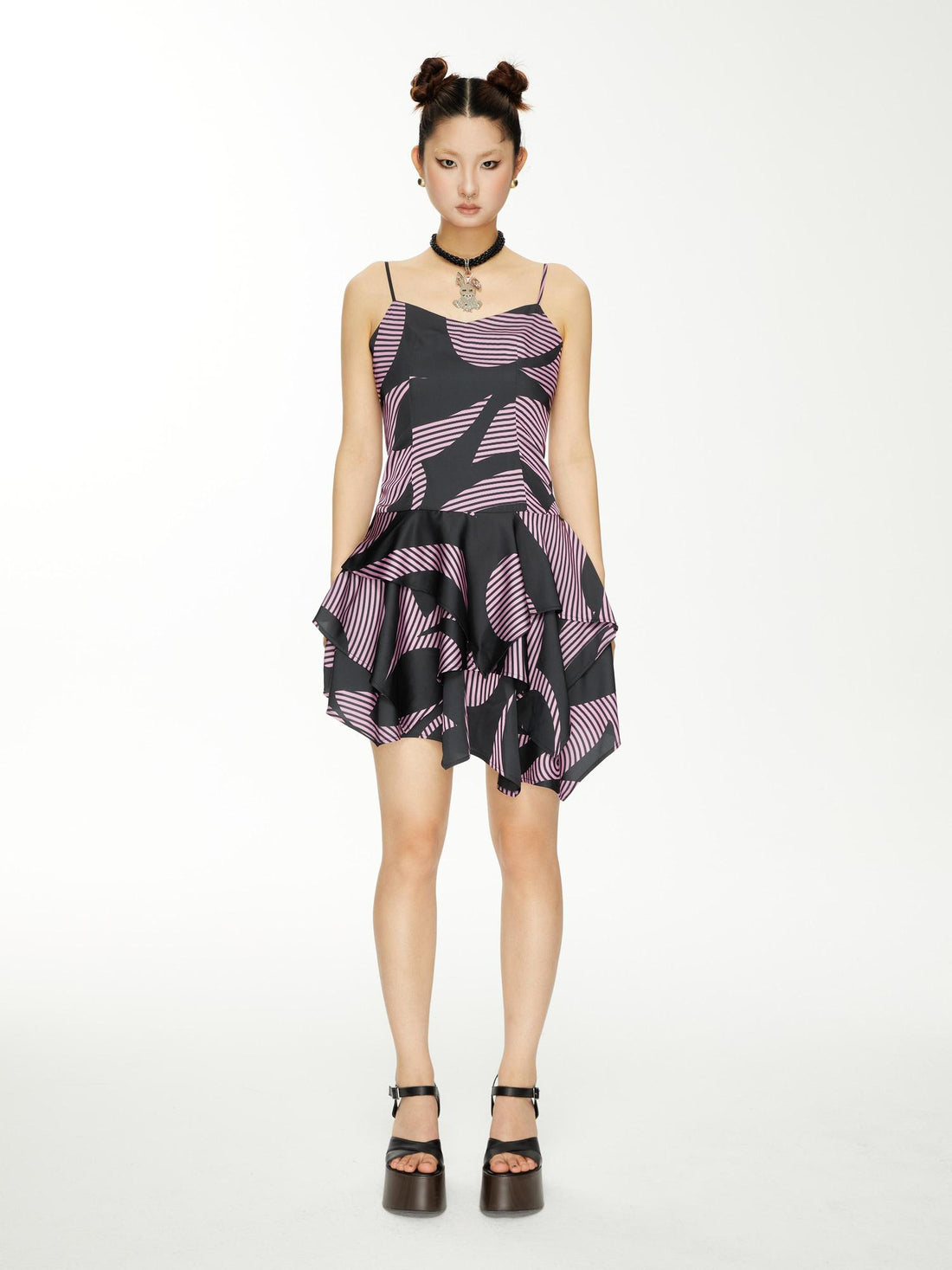 YOSHUYUKI s Geometric Stripe Print Asymmetric Hem Slip V-neck Dress