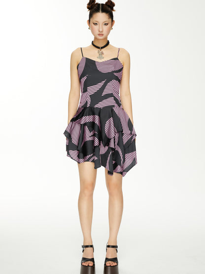 YOSHUYUKI s Geometric Stripe Print Asymmetric Hem Slip V-neck Dress