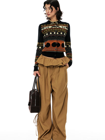 YOSHUYUKI s Khaki Lace Ruffle Flared Palazzo Trousers