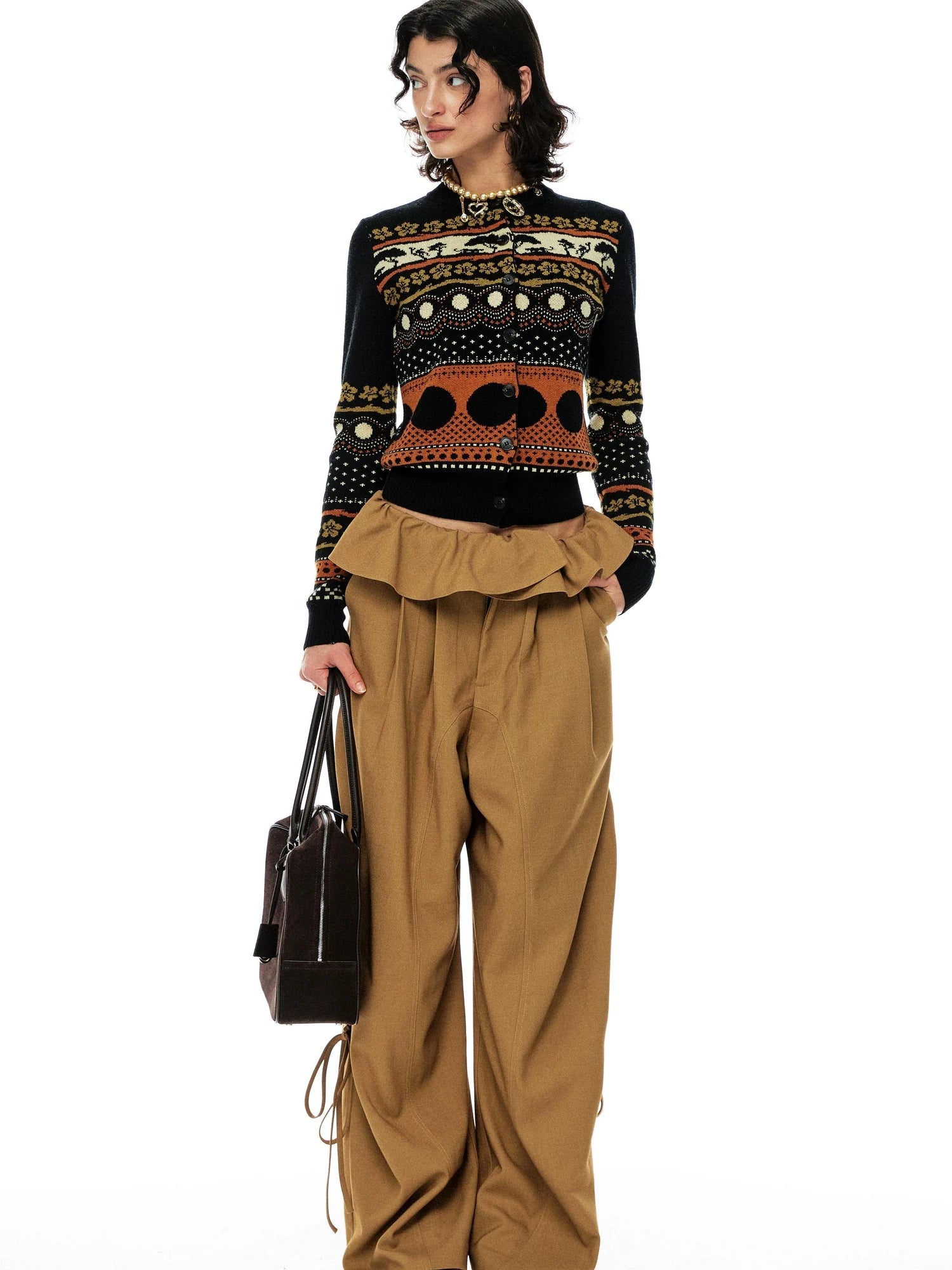 Khaki Lace Ruffle Flared Palazzo Trousers