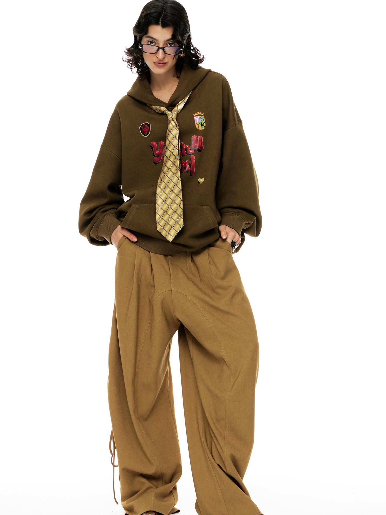 YOSHUYUKI s Khaki Lace Ruffle Flared Palazzo Trousers