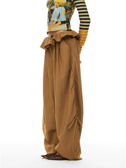 Khaki Lace Ruffle Flared Palazzo Trousers