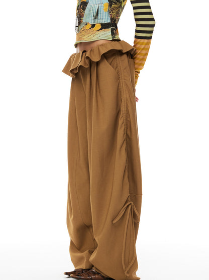 YOSHUYUKI s Khaki Lace Ruffle Flared Palazzo Trousers