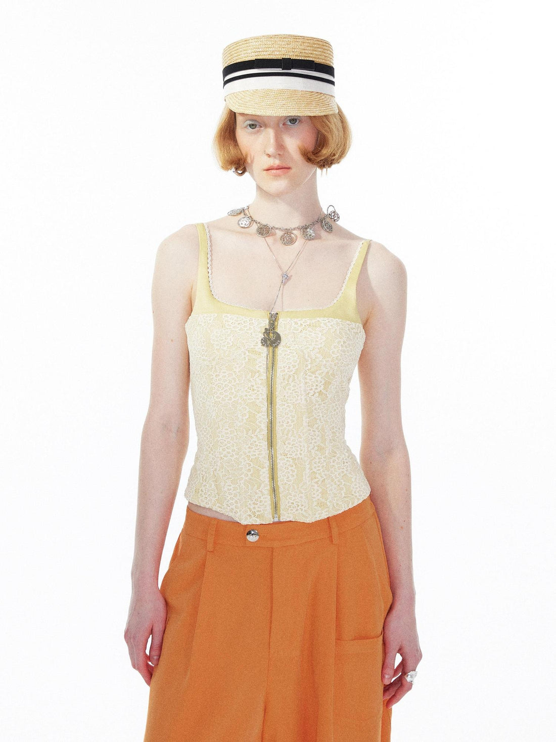 YOSHUYUKI Zipper Front Slim Fit Original Design Casual Yellow Polyester Cami Tank Tops