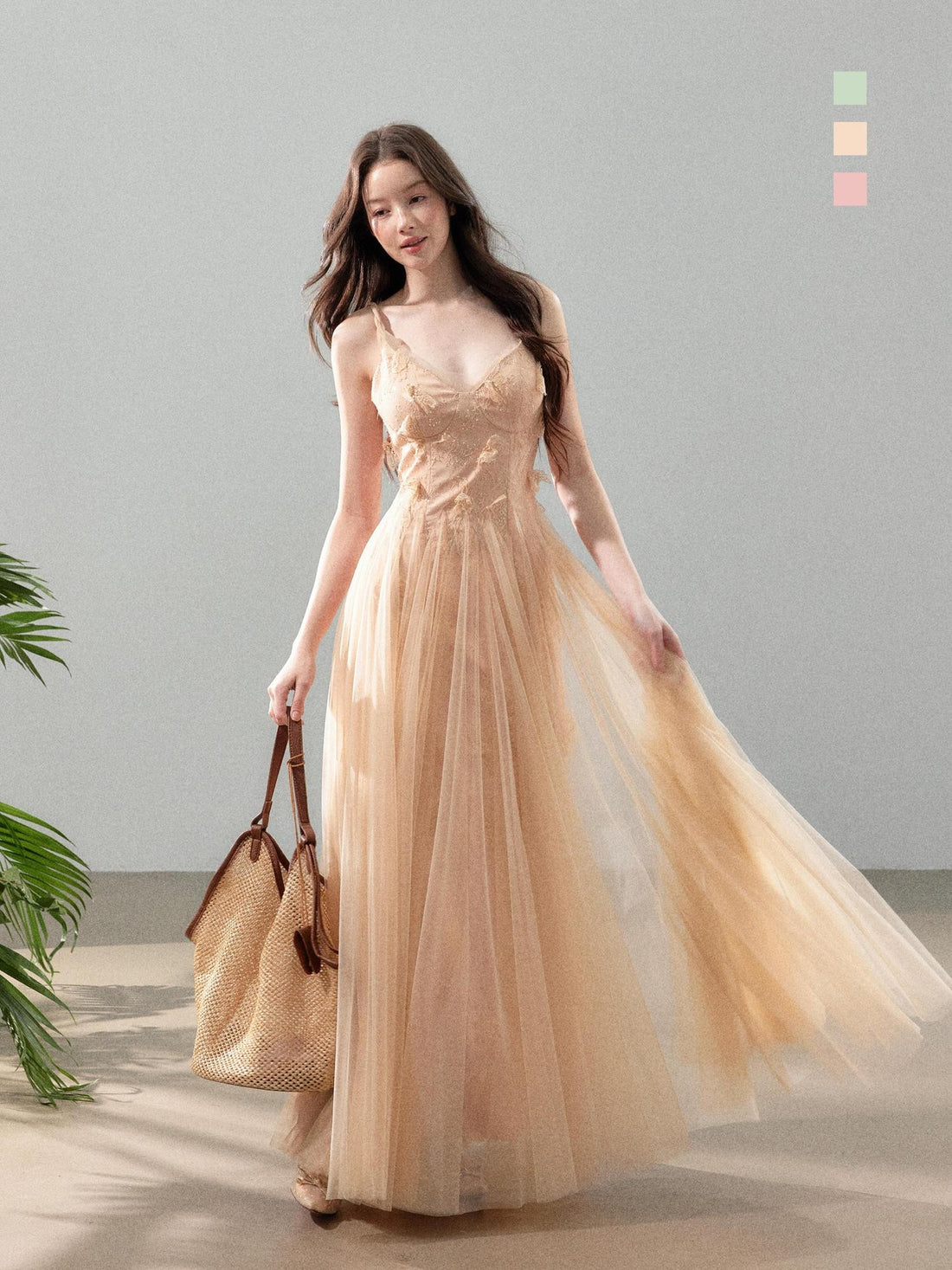 YZZI HE 3d Floral Tulle Splice Lace V-neck Women&