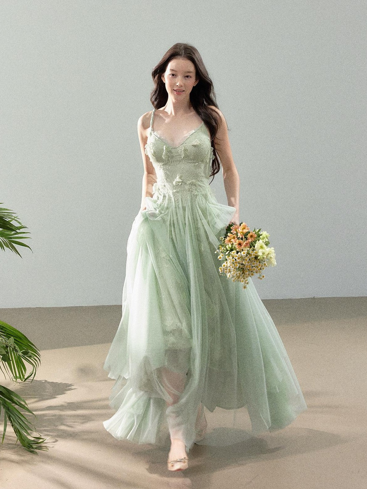 YZZI HE 3d Floral Tulle Splice Lace V-neck Women&