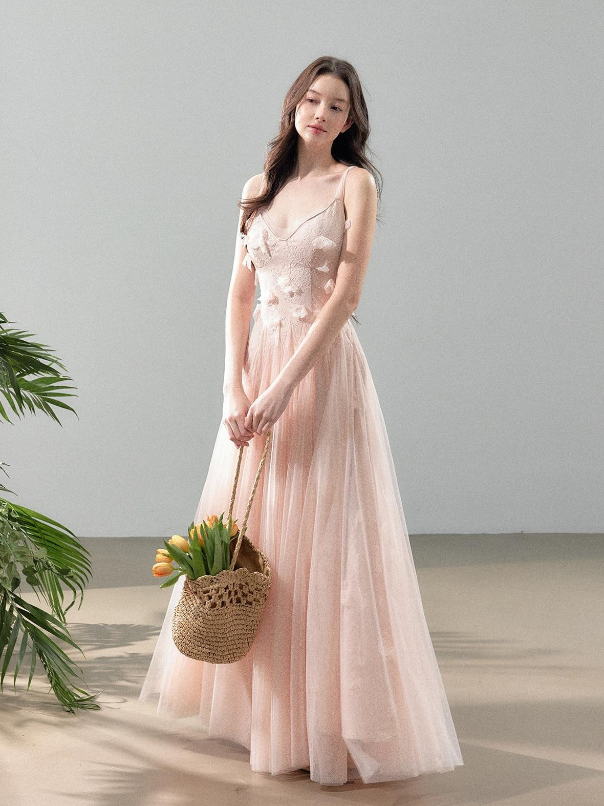 YZZI HE 3d Floral Tulle Splice Lace V-neck Women&