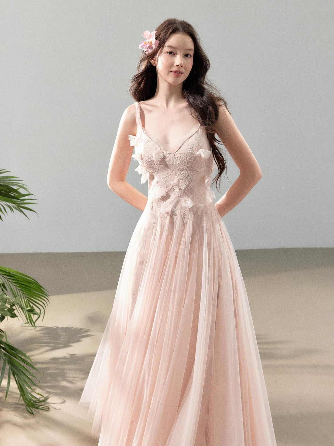 YZZI HE 3d Floral Tulle Splice Lace V-neck Women&
