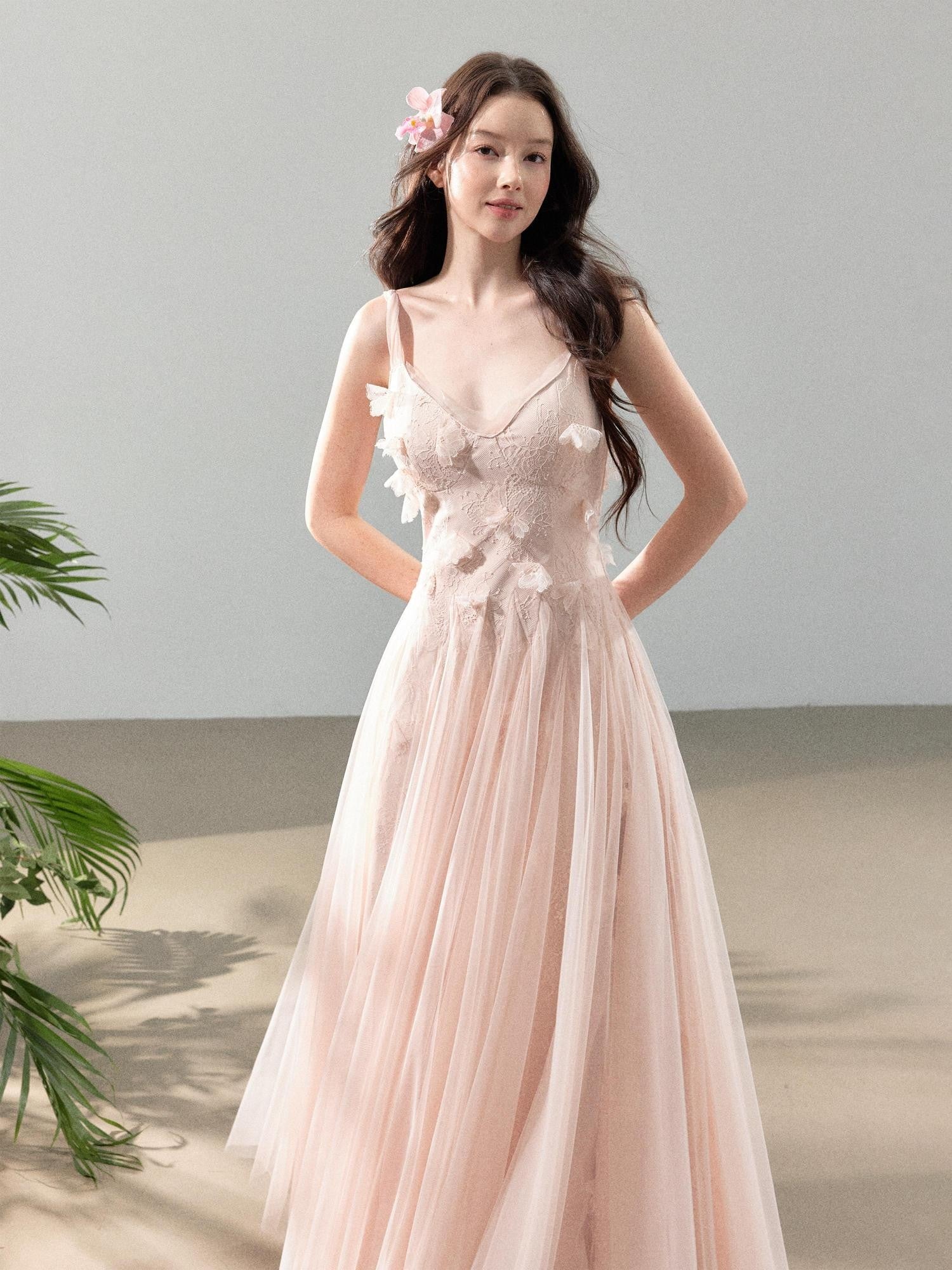 YZZI HE 3d Floral Tulle Splice Lace V-neck Women&