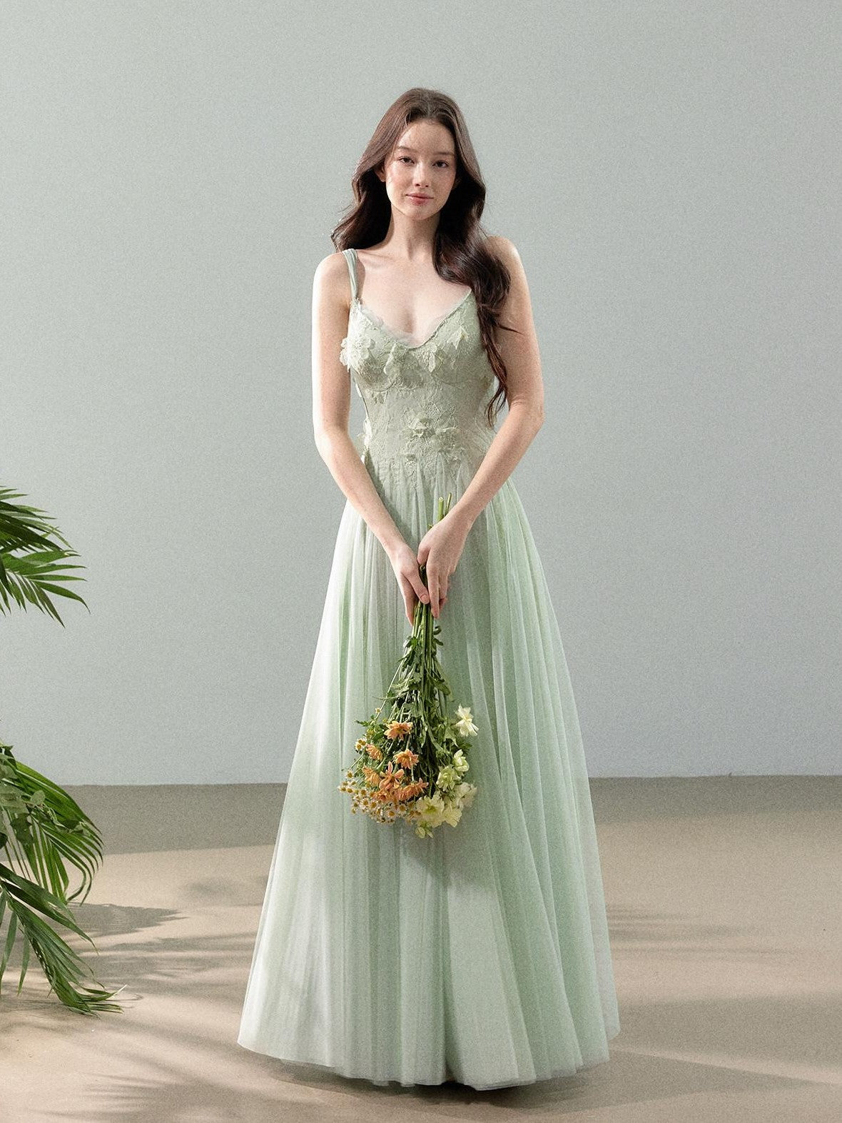 YZZI HE 3d Floral Tulle Splice Lace V-neck Women&