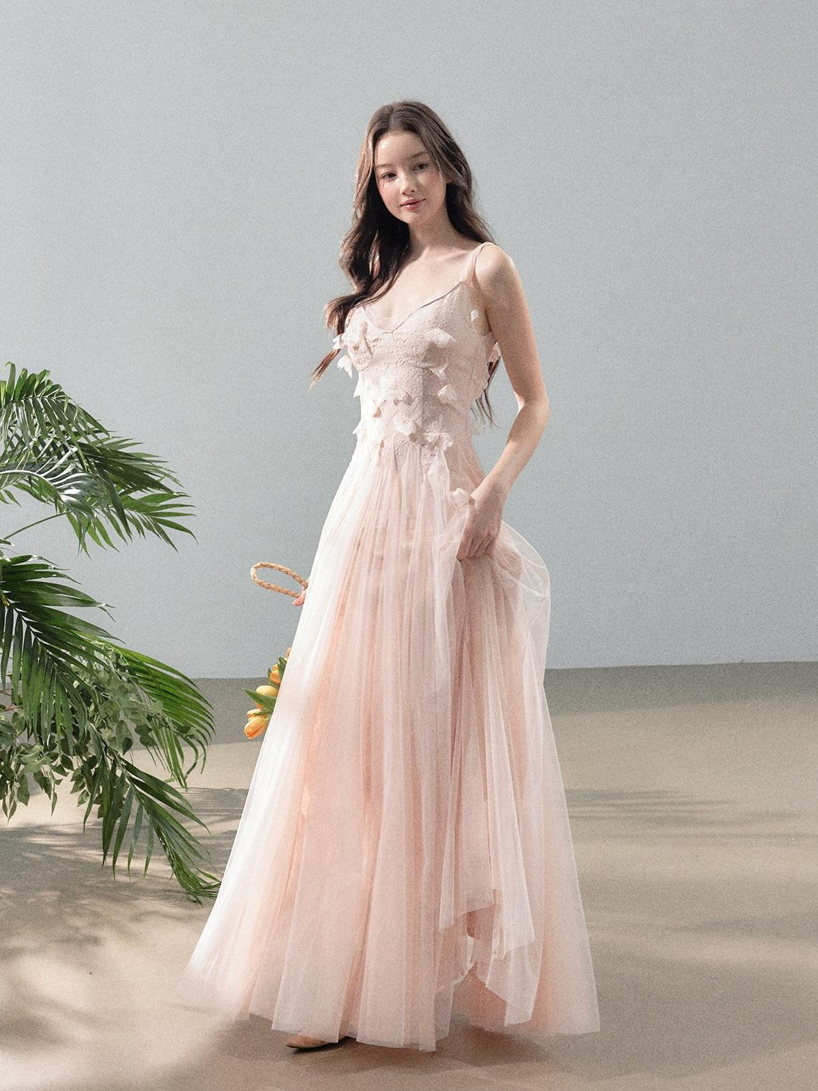 YZZI HE 3d Floral Tulle Splice Lace V-neck Women&