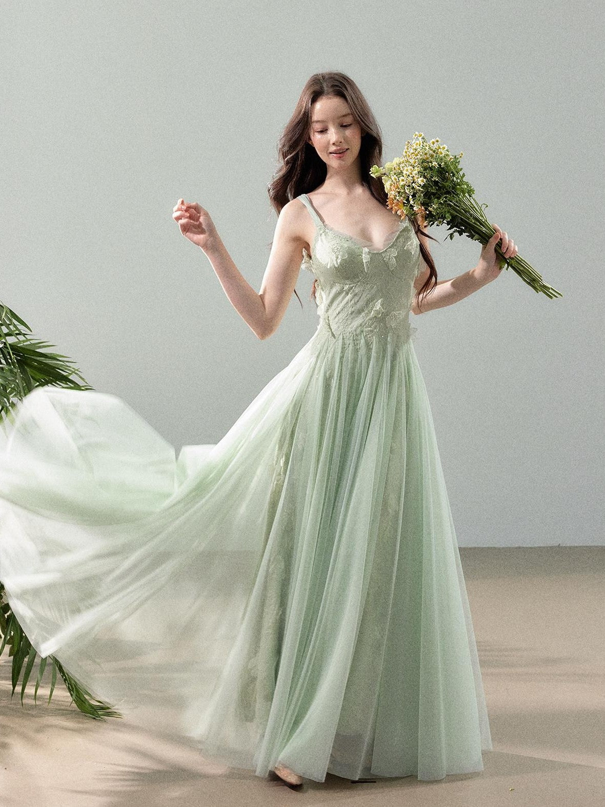 YZZI HE 3d Floral Tulle Splice Lace V-neck Women&