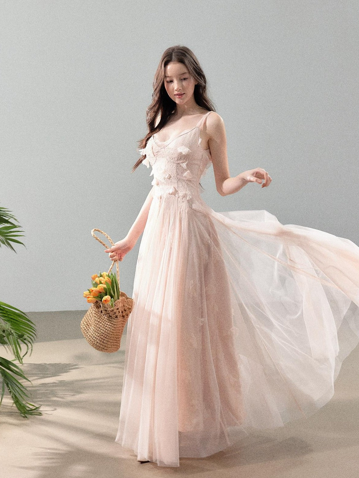 YZZI HE 3d Floral Tulle Splice Lace V-neck Women&