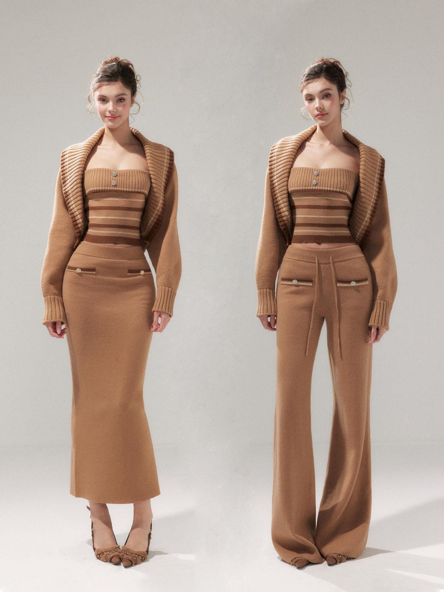 YZZI HE Almond Brown Striped Lapel Cropped High Waist Women&