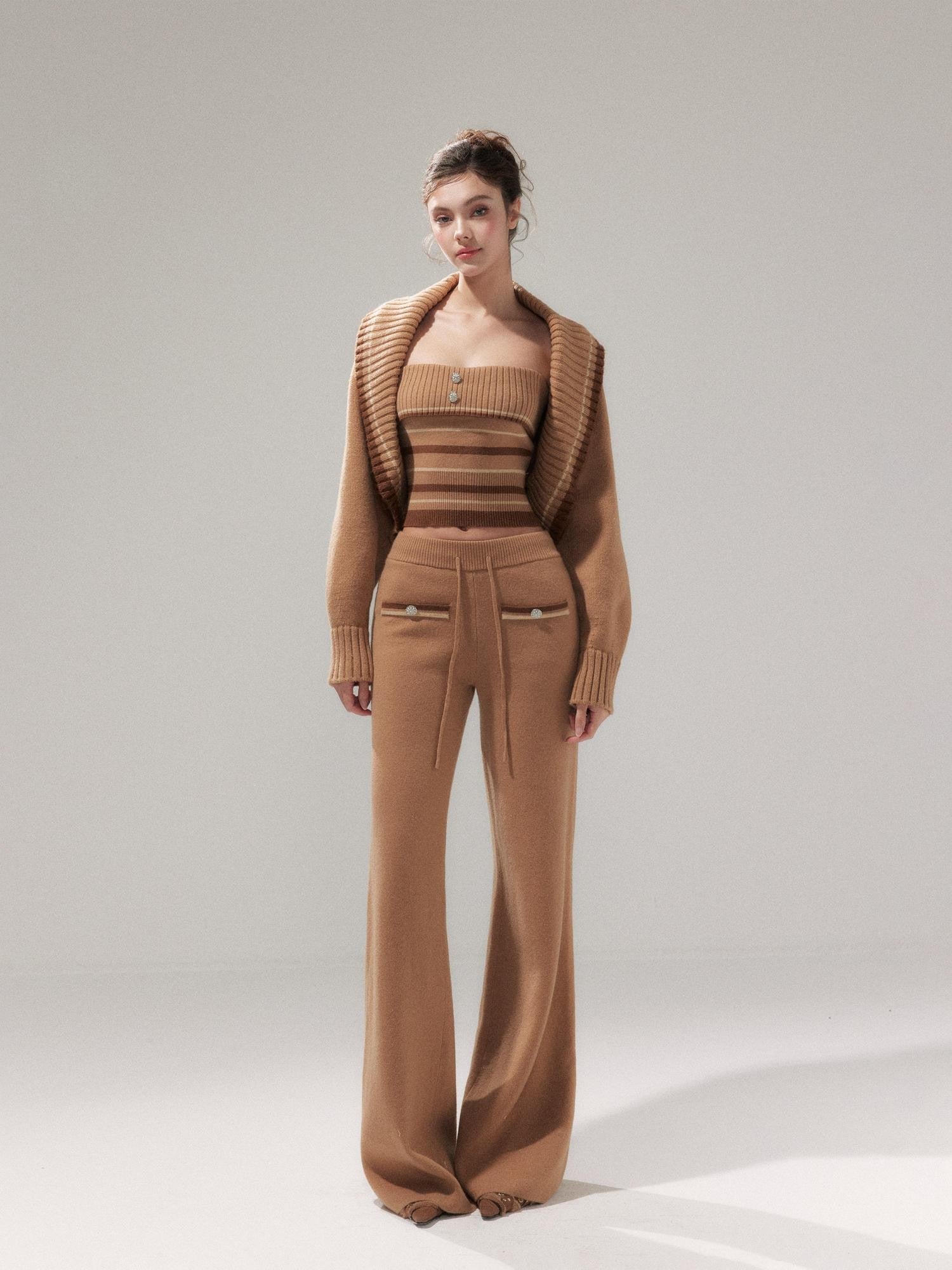 YZZI HE Almond Brown Striped Lapel Cropped High Waist Women&