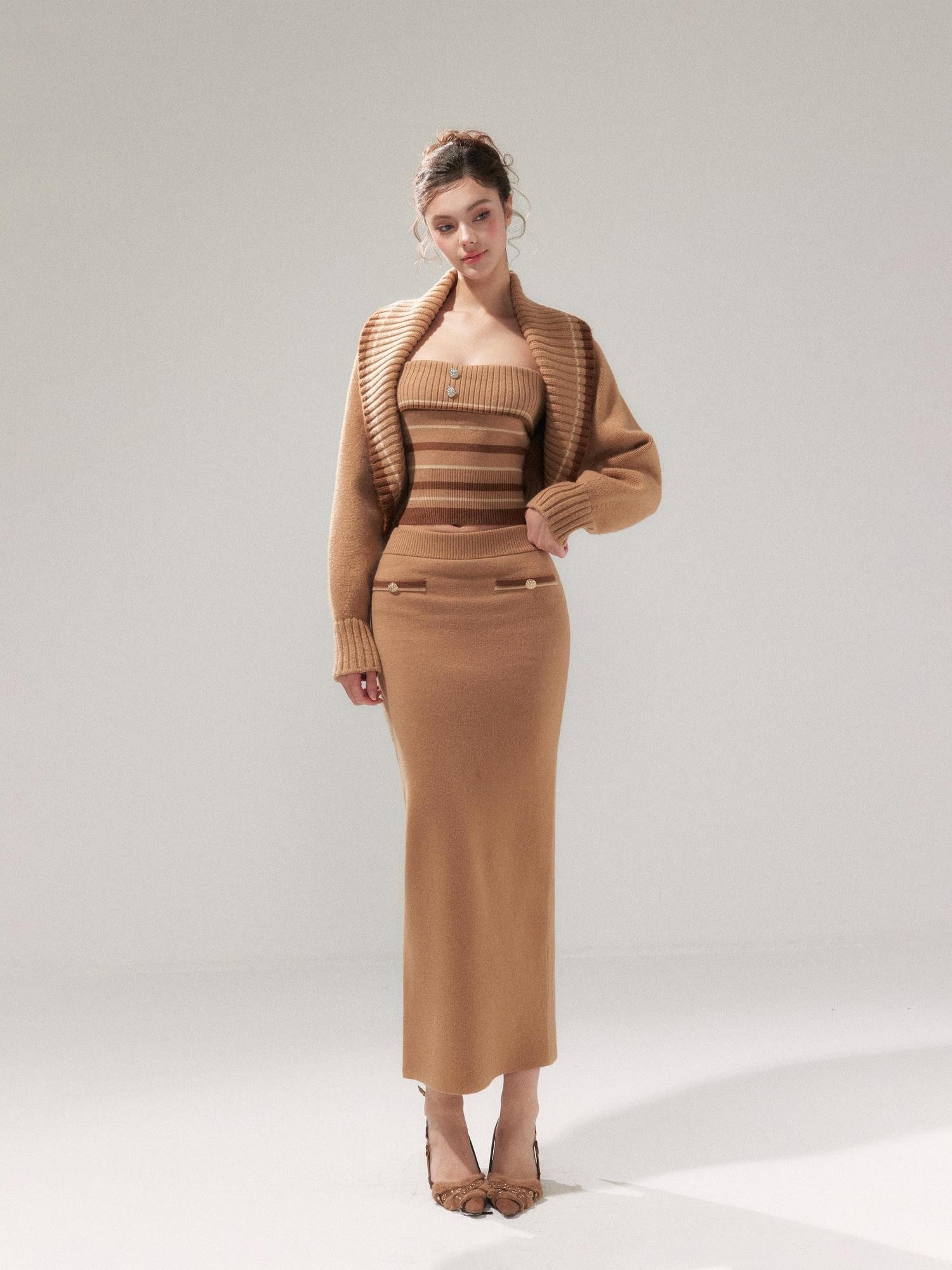 YZZI HE Almond Brown Striped Lapel Cropped High Waist Women&