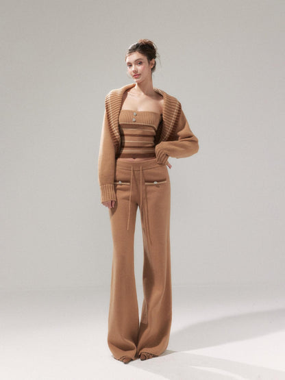YZZI HE Almond Brown Striped Lapel Cropped High Waist Women&