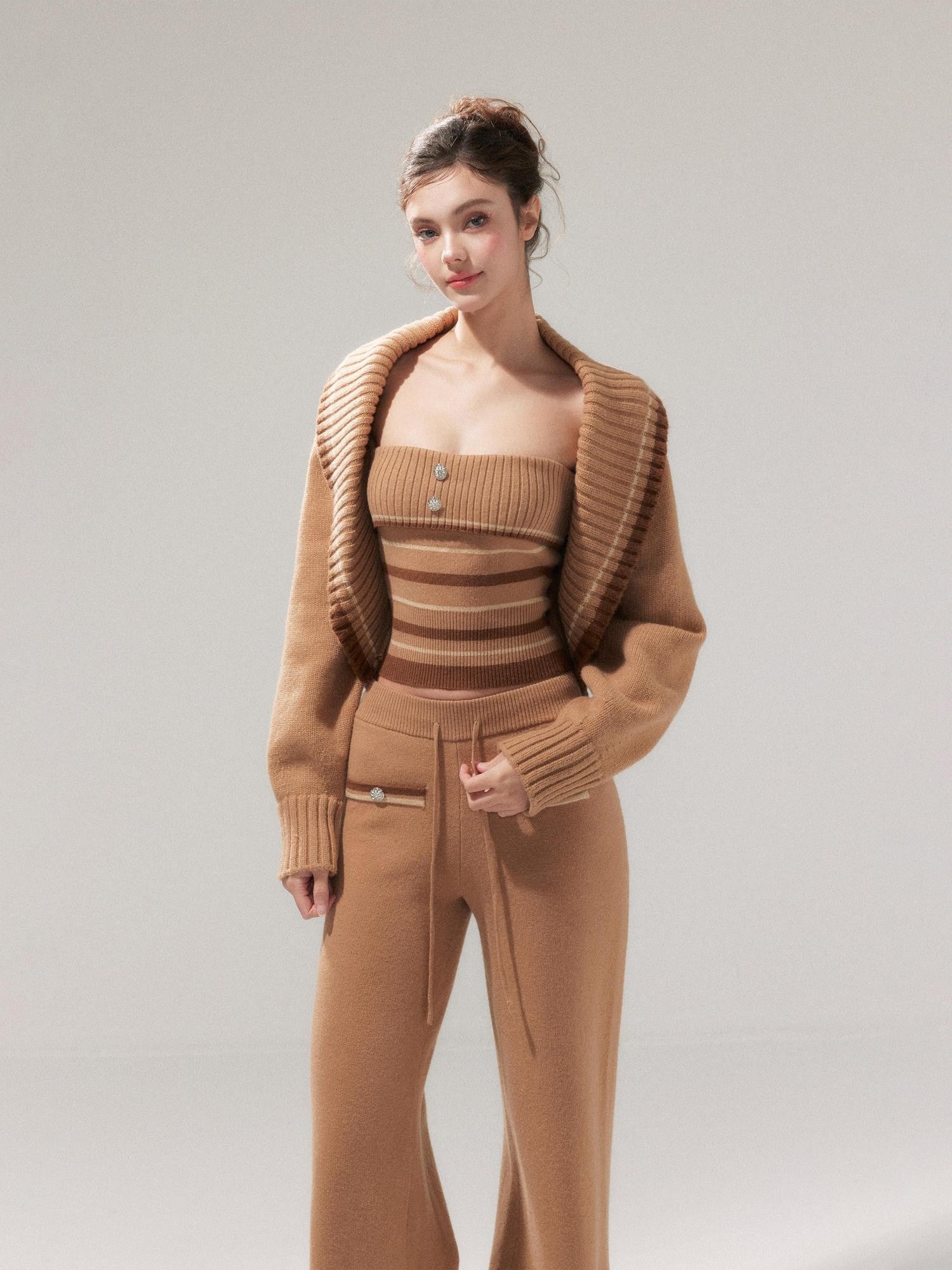 YZZI HE Almond Brown Striped Lapel Cropped High Waist Women&