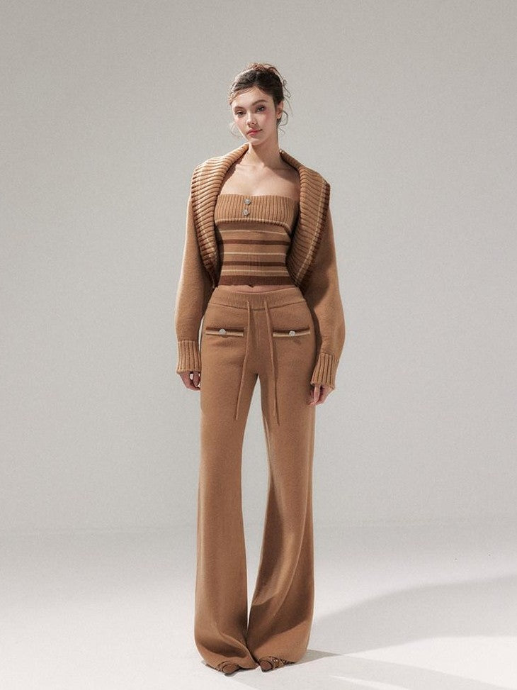 YZZI HE Almond Brown Striped Lapel Cropped High Waist Women&