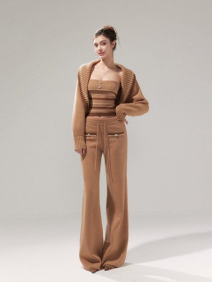 YZZI HE Almond Brown Striped Lapel Cropped High Waist Women&