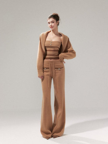 YZZI HE Almond Brown Striped Lapel Cropped High Waist Women&