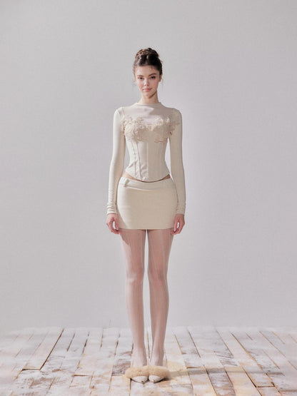 YZZI HE Almond Lace Slim Fit Round Neck Women&