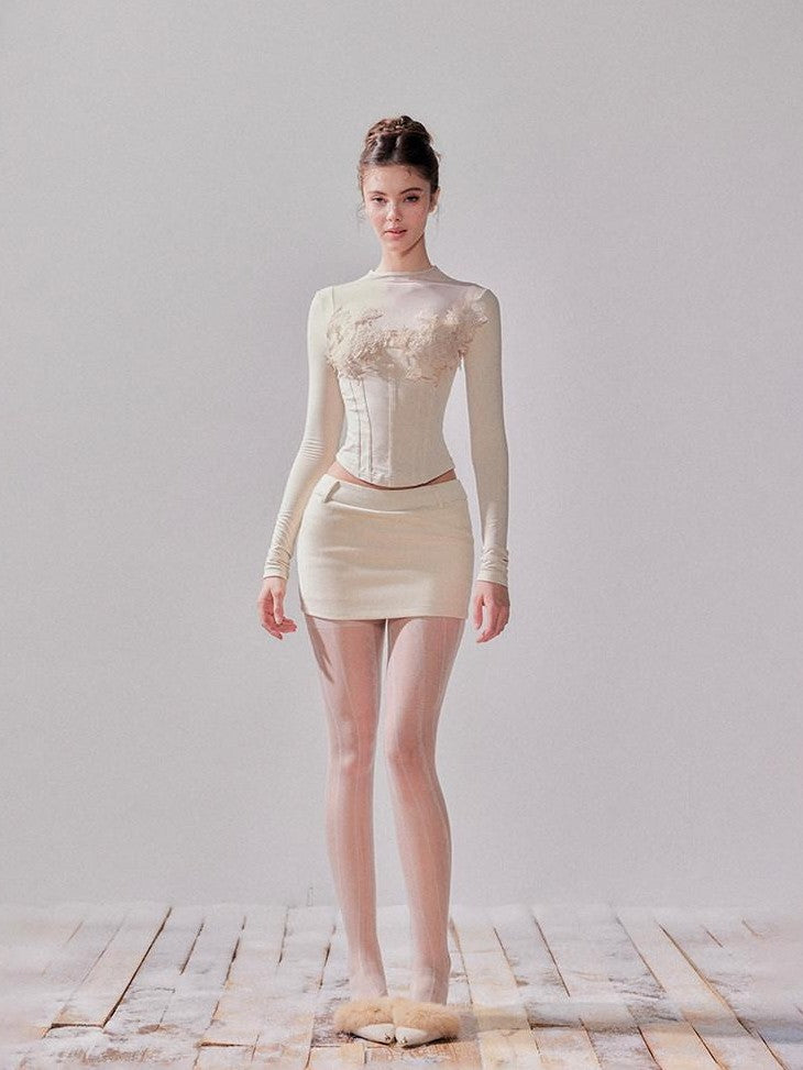YZZI HE Almond Lace Slim Fit Round Neck Women&