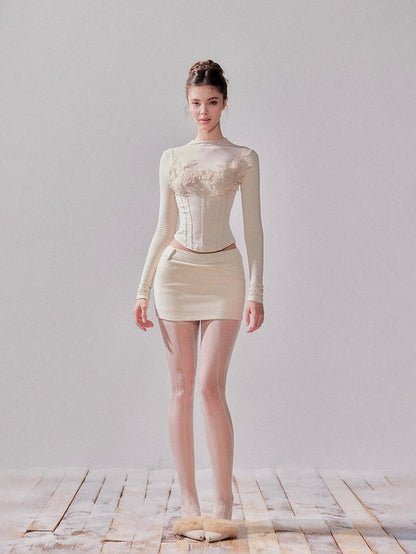 YZZI HE Almond Lace Slim Fit Round Neck Women&