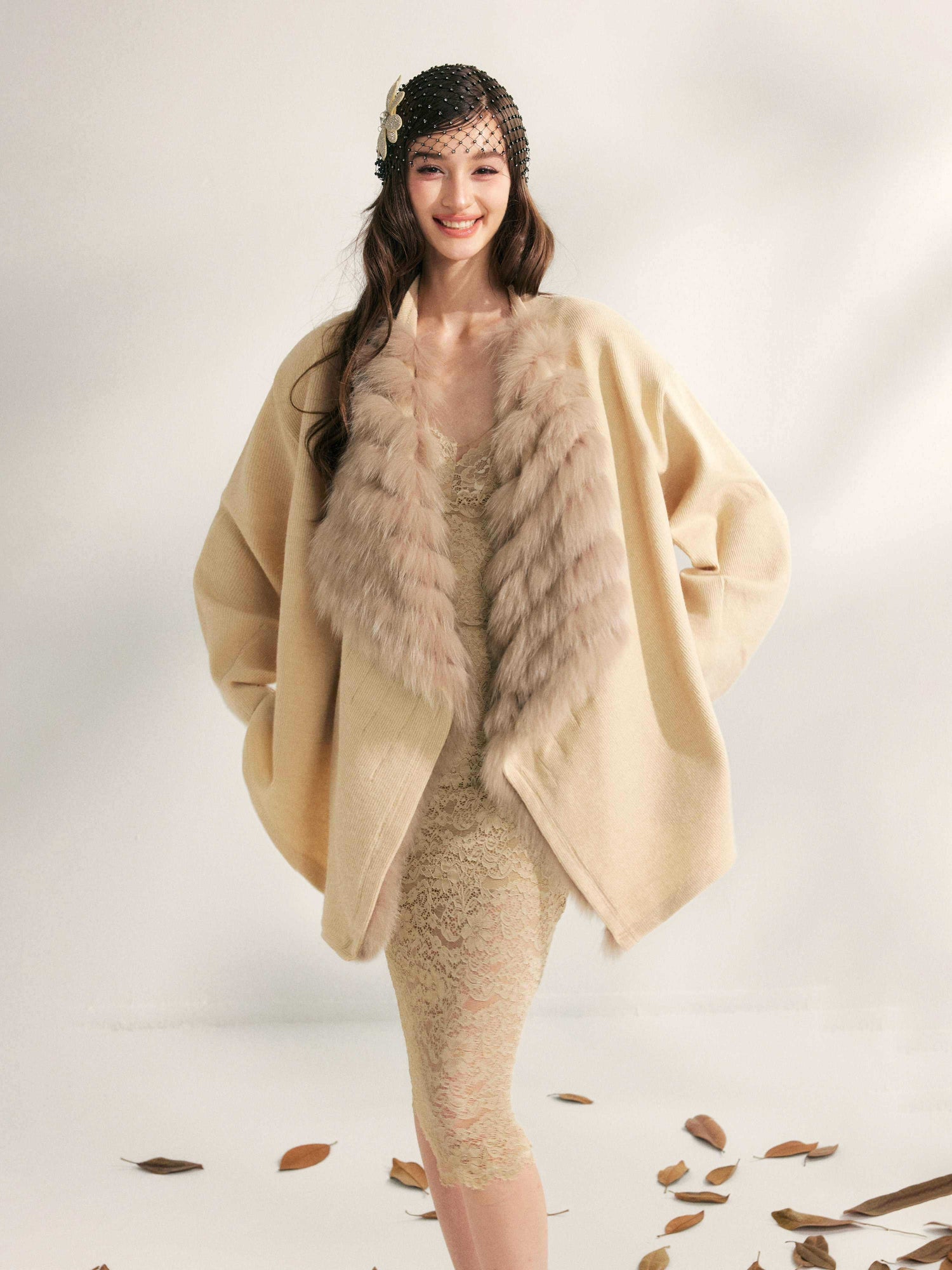 YZZI_HE_Apricot_Yellow_Fox_Fur_Collar_Mid_Length_Loose_Women&