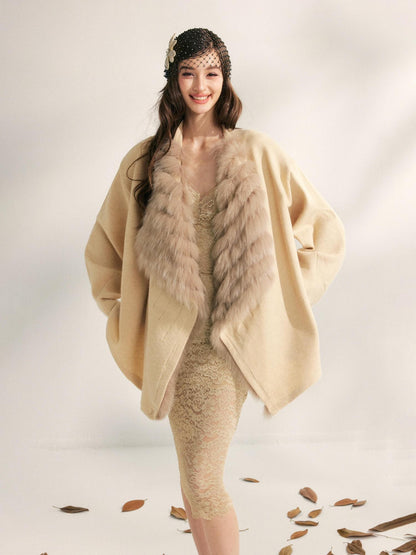 YZZI HE Apricot Yellow Fox Fur Collar Mid Length Loose Women&