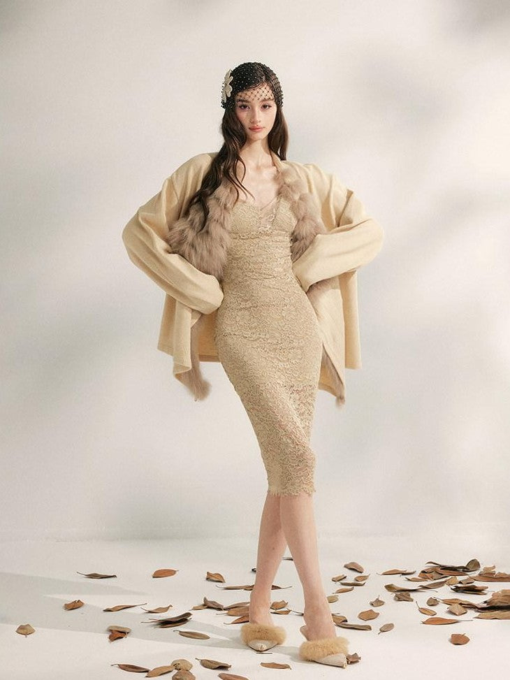 YZZI HE Apricot Yellow Fox Fur Collar Mid Length Loose Women&