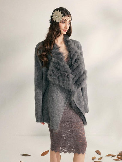 YZZI HE Apricot Yellow Fox Fur Collar Mid Length Loose Women&