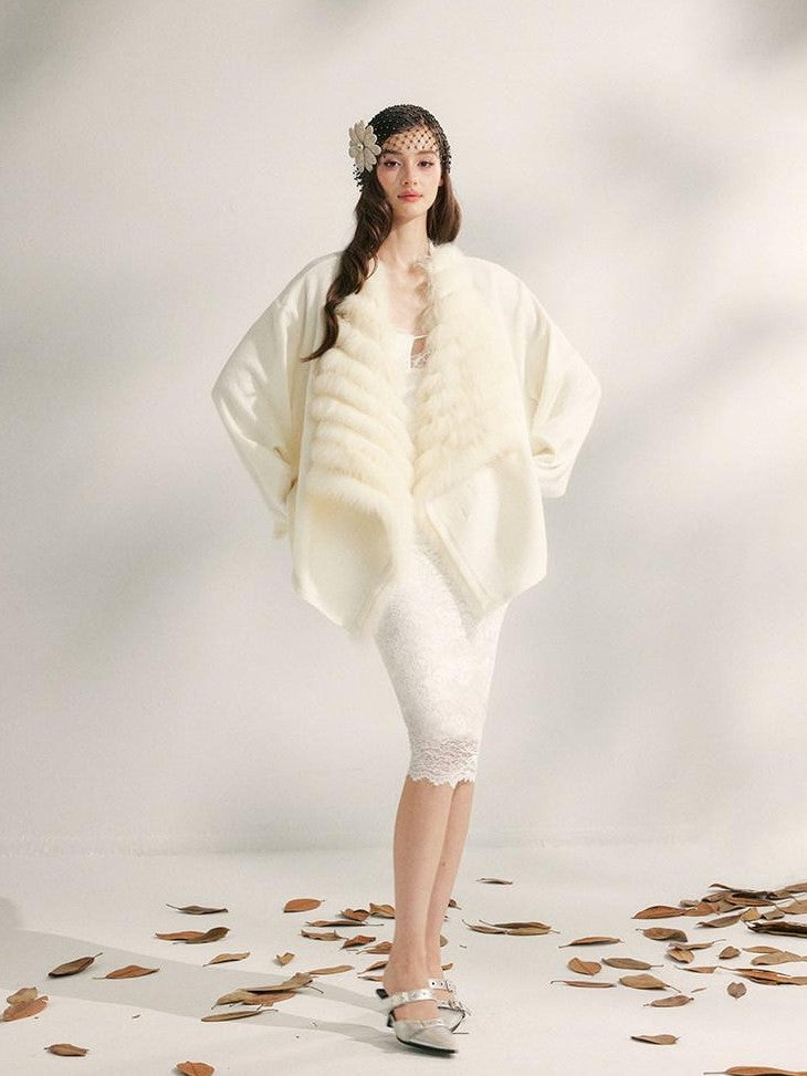 YZZI HE Apricot Yellow Fox Fur Collar Mid Length Loose Women&