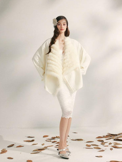 YZZI HE Apricot Yellow Fox Fur Collar Mid Length Loose Women&