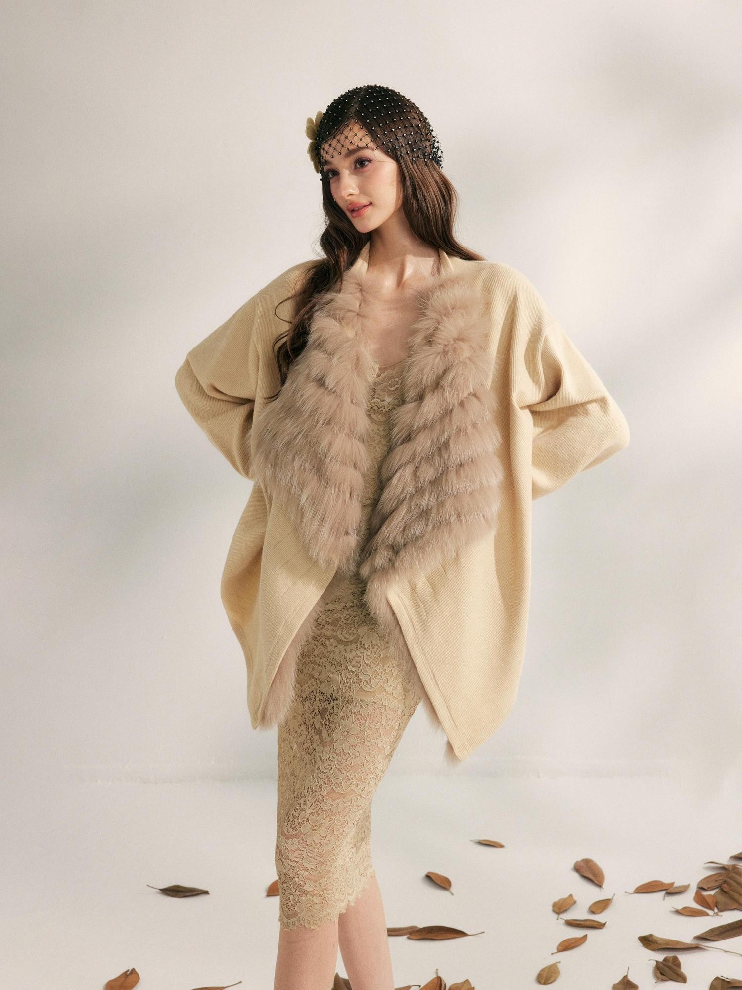 YZZI HE Apricot Yellow Fox Fur Collar Mid Length Loose Women&