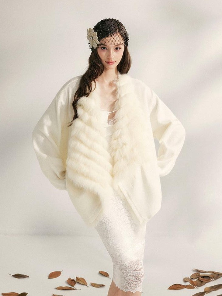 YZZI HE Apricot Yellow Fox Fur Collar Mid Length Loose Women&