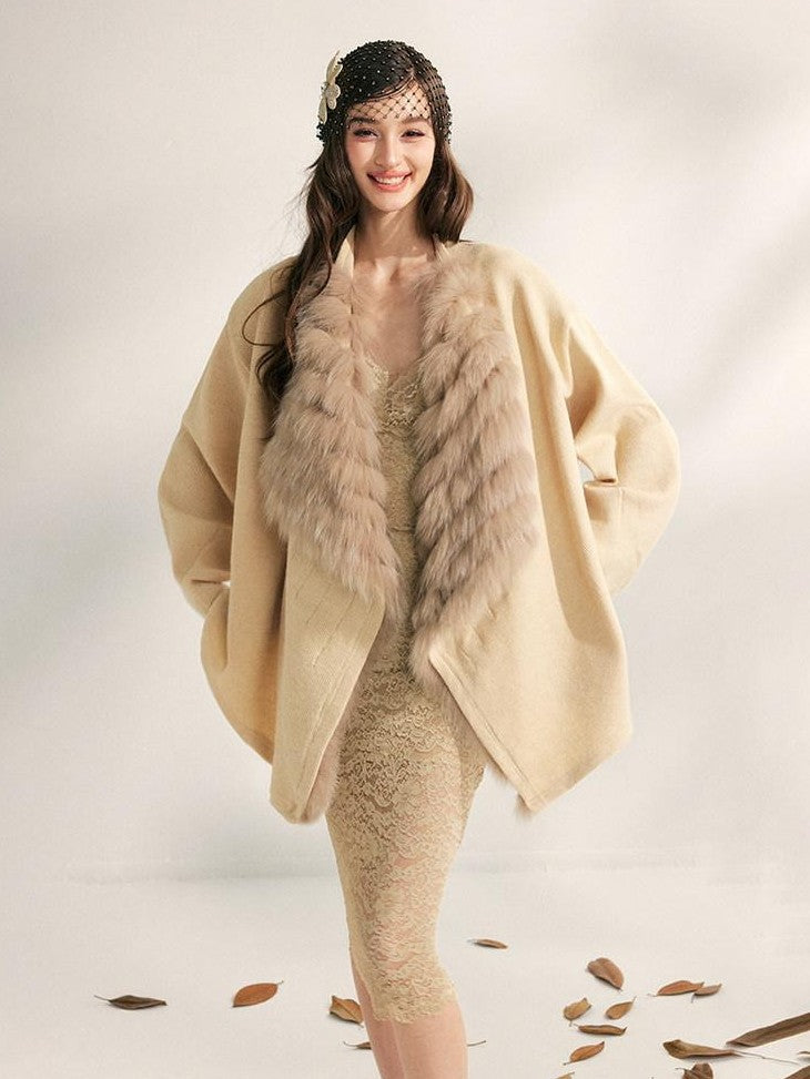 YZZI HE Apricot Yellow Fox Fur Collar Mid Length Loose Women&